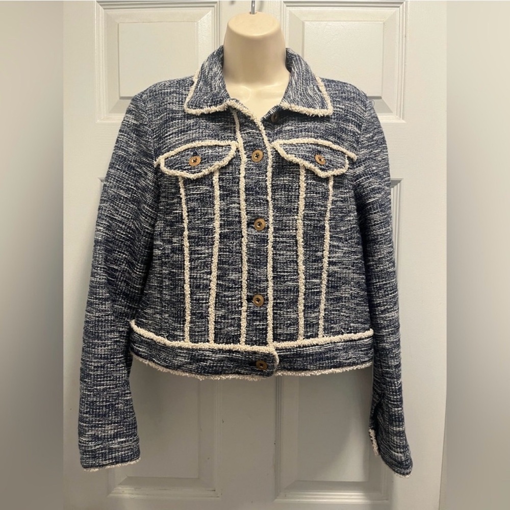 Anthropologie x ett twa Trucker Jacket Size S Blue Classic Preppy Rich Mom - EUC